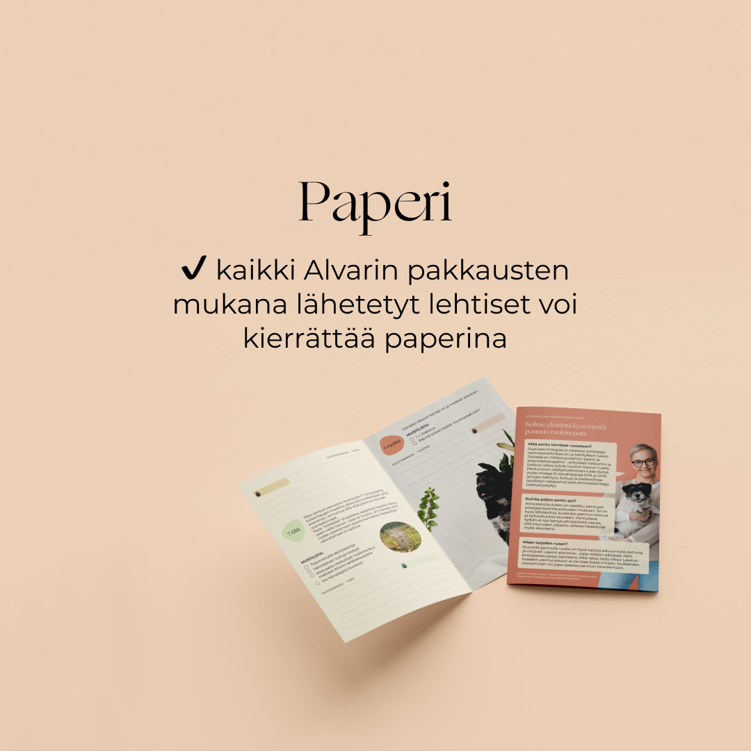 Kaikki Alvarin pakkausten mukana lähetetyt lehtiset voi kierrättää paperina.